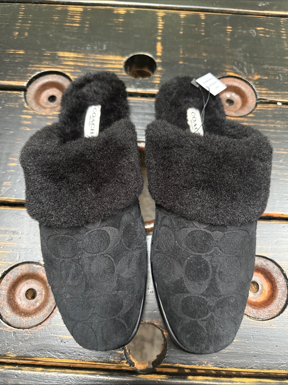 Coach Black Shearling-Trim Logo Suede Slip-On Slippers